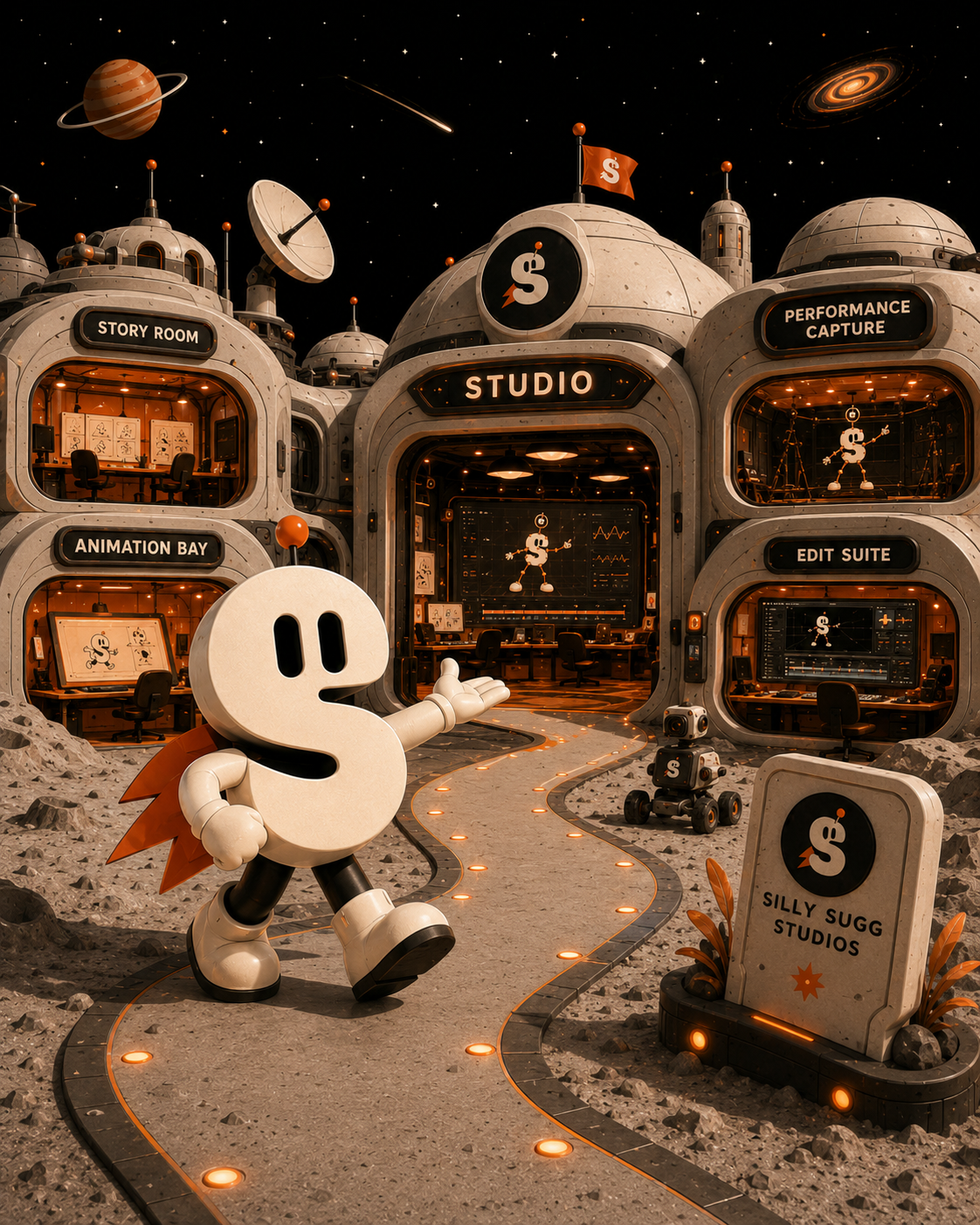 Studio Captain S standing in front of the Silly Sugg Studios moonbase