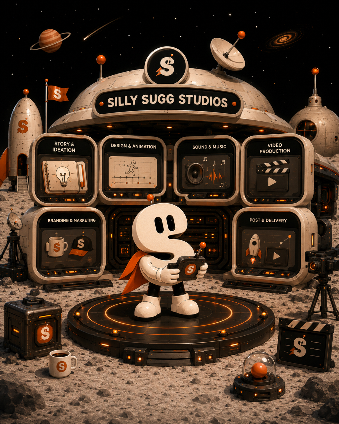 Services Hub with Captain S standing in front of the Silly Sugg Studios moonbase