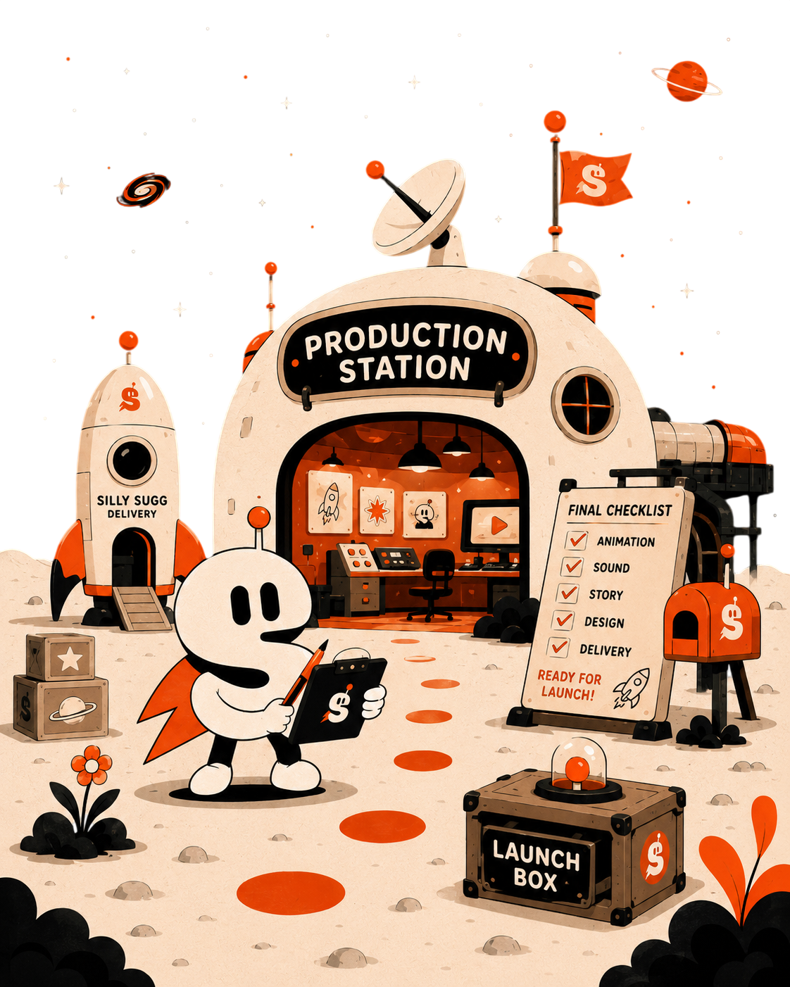 Production Station scene with S the mascot